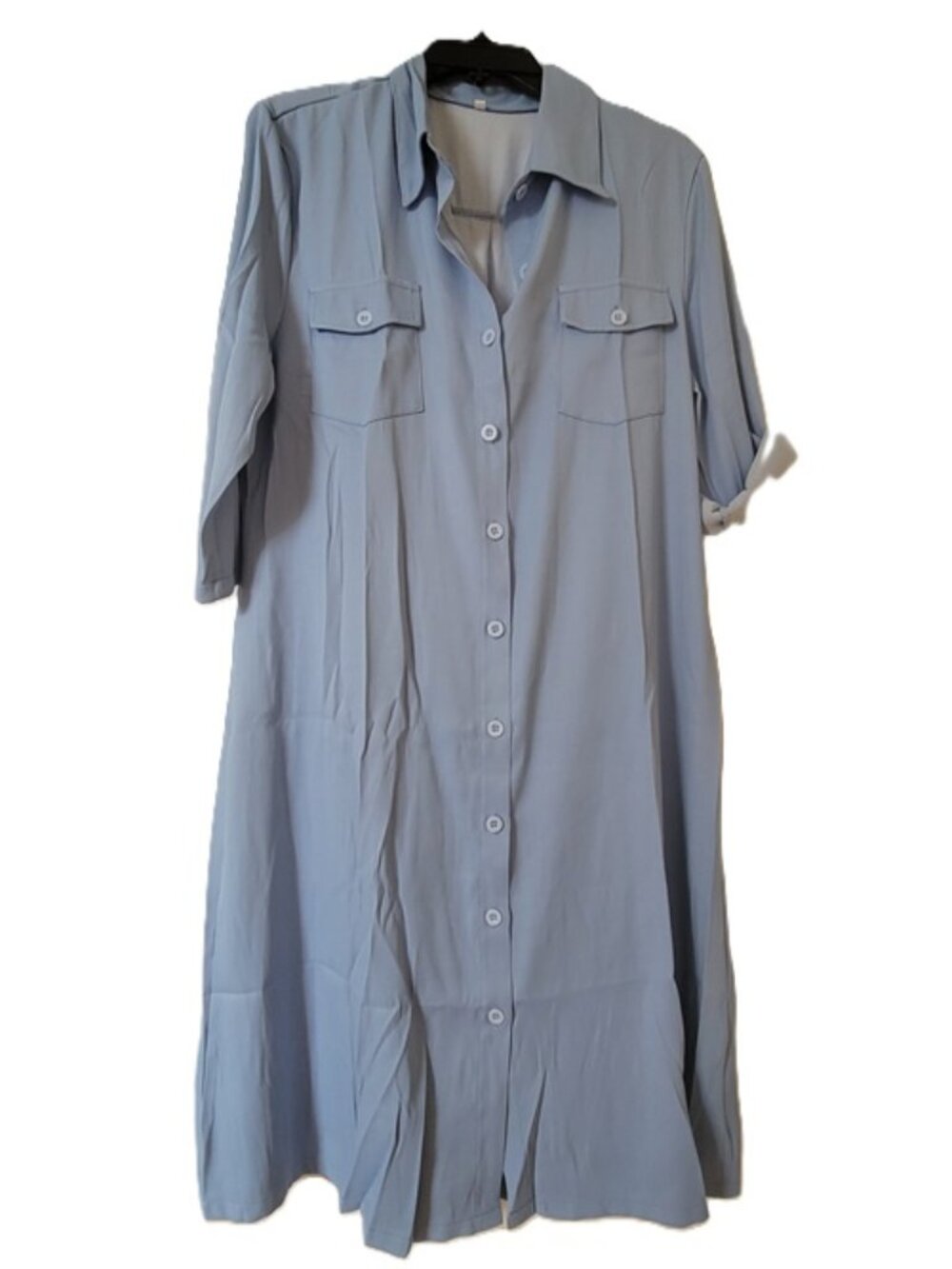 3/4 Sleeve Lapel Pocket loose button shirt dress